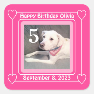 Cute Puppy Dog Foto Birthday Nummer 5 Roze Vierkante Sticker