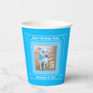 Cute Puppy Dog Foto Happy Birthday Number 5 Blue Papieren Bekers