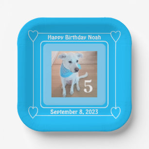 Cute Puppy Dog Foto Happy Birthday Number 5 Blue Papieren Bordje