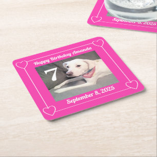 Cute Puppy Dog Foto Verjaardag 7 Hartjes Hot Pink Kartonnen Onderzetters