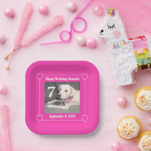 Cute Puppy Dog Foto Verjaardag 7 Hartjes Hot Pink Papieren Bordje
