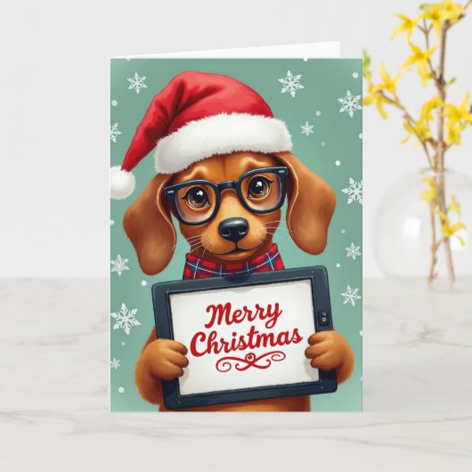 Cute Puppy Dog Glasses Merry Christmas Tablet Kaart (Gele Bloem)