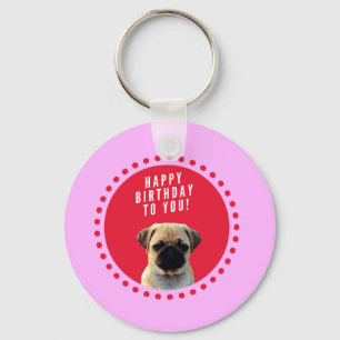 Cute Puppy Dog Happy Birthday Red Stippen Roze Sleutelhanger