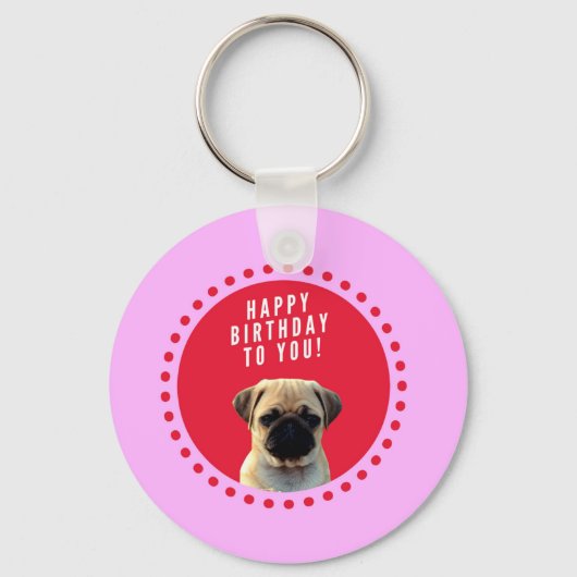Cute Puppy Dog Happy Birthday Red Stippen Roze Sleutelhanger (Voorkant)