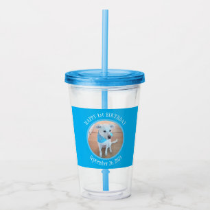 Cute Puppy Dog in Blue Scarf Happy 1st Birthday Acryl Drinkbeker