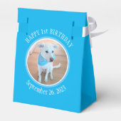 Cute Puppy Dog in Blue Scarf Happy 1st Birthday Bedankdoosjes (Achterkant)