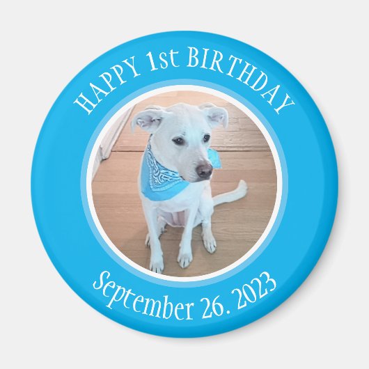 Cute Puppy Dog in Blue Scarf Happy 1st Birthday Magneet (Voorkant)