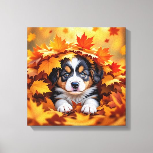 Cute Puppy Dog in Fall Leaves Canvas Afdruk (Voorkant)