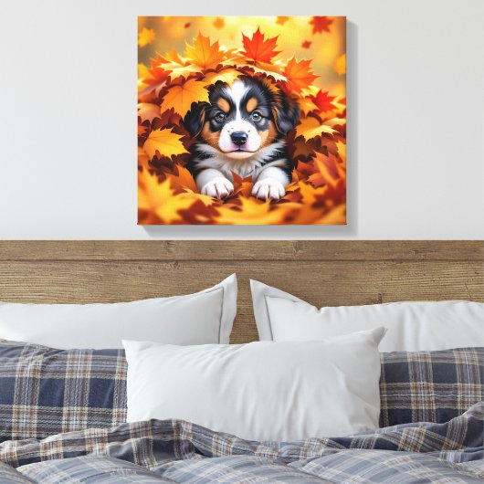 Cute Puppy Dog in Fall Leaves Canvas Afdruk (Insitu (Slaapkamer))