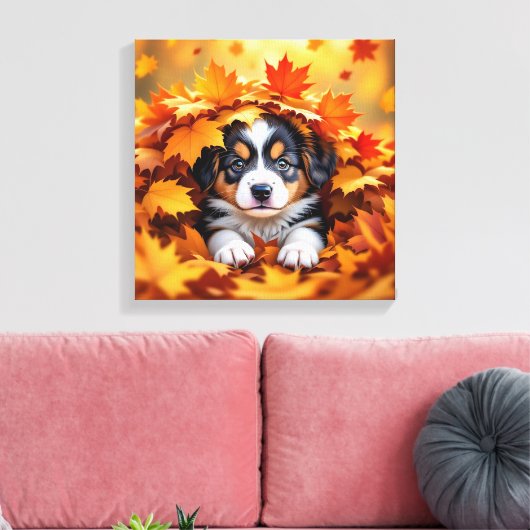 Cute Puppy Dog in Fall Leaves Canvas Afdruk (Insitu (Woonkamer))