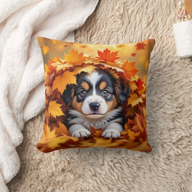 Cute Puppy Dog in Fall Leaves Kussen (Deken)