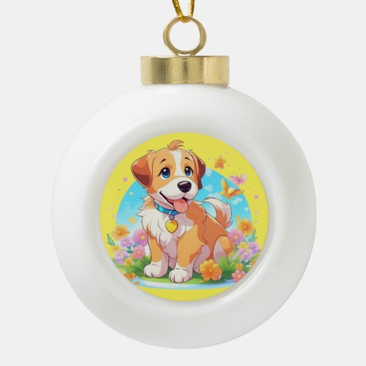Cute Puppy Dog Keramische Bal Ornament (Voorkant)