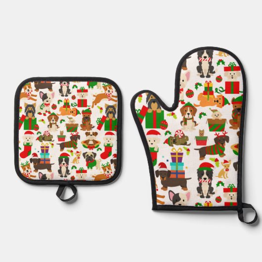 Cute Puppy Dog Kerstmis Ovenwant & Pannenlap Set (Voorkant)