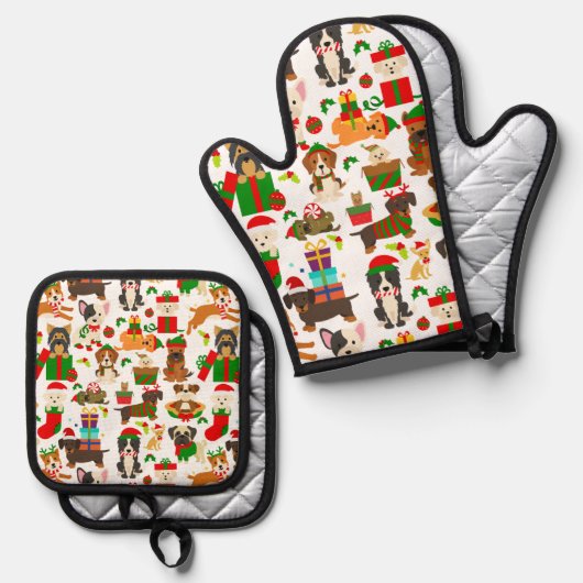 Cute Puppy Dog Kerstmis Ovenwant & Pannenlap Set (Voorkant / Achterkant)