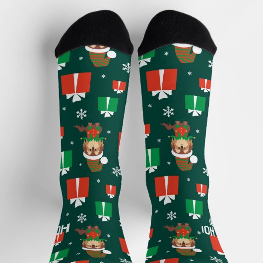 Cute Puppy Dog Pattern Green and Red Kerstmis Sokken (Top)