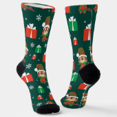 Cute Puppy Dog Pattern Green and Red Kerstmis Sokken (Gebogen)