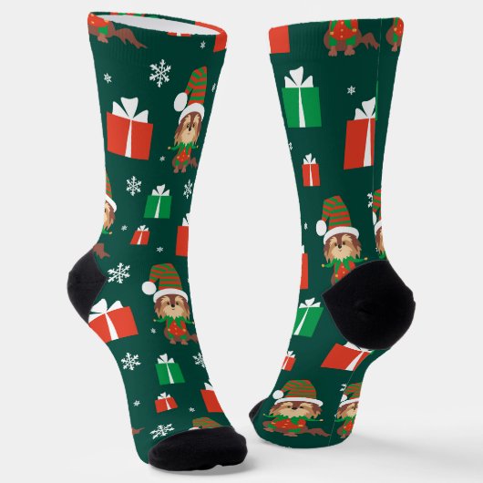 Cute Puppy Dog Pattern Green and Red Kerstmis Sokken (Gebogen)