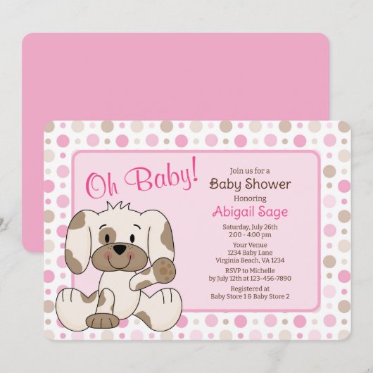 Cute Puppy Dog Pink Pok Baby shower Kaart (Voorkant / Achterkant)