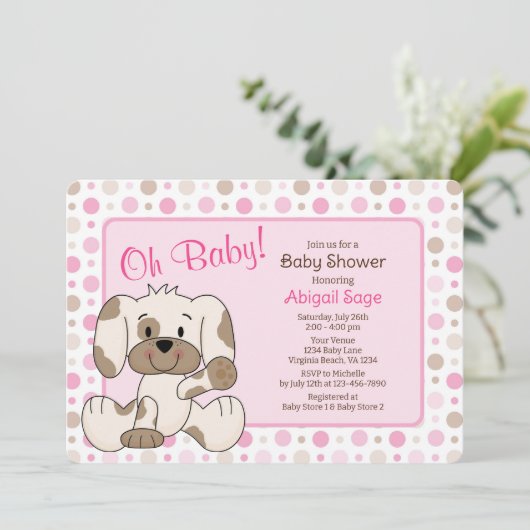 Cute Puppy Dog Pink Pok Baby shower Kaart (Staand voorkant)