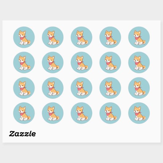 Cute Puppy Dog Shiba Inu on Blue Ronde Sticker (Vel)