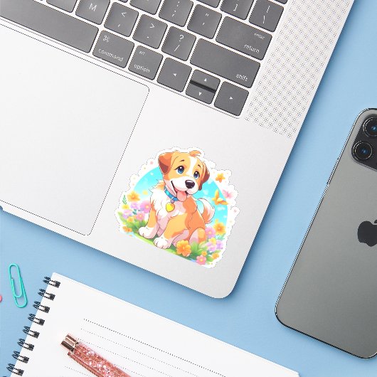 Cute Puppy Dog Sticker (Laptop met iPhone)