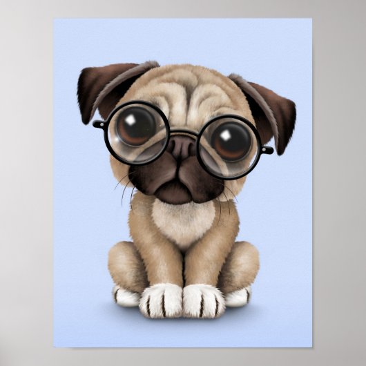 Cute Puppy Dog Wearing Reading Glasses, Blue Poster (Voorkant)