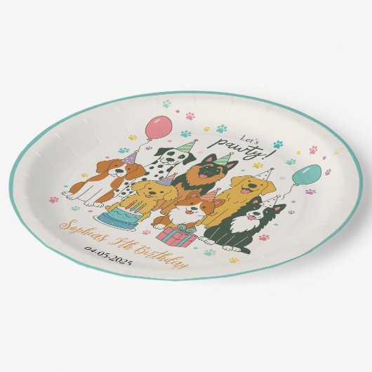 Cute Puppy Dogs Boy 5th Birthday Party Papieren Bordje (Gekanteld)