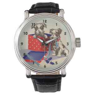 Cute Puppy Dogs, Vintage-kerstgroeten Horloge