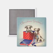 Cute Puppy Dogs, Vintage-kerstgroeten Magneet (Voorkant / Achterkant)