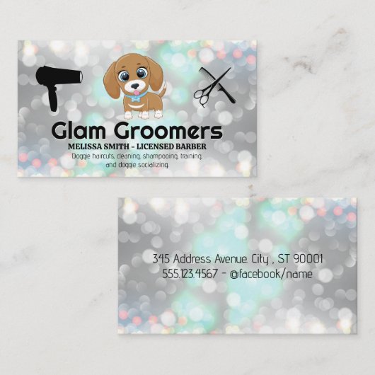 Cute Puppy | Groomgereedschap | Glam Bokeh Visitekaartje (Voorkant / Achterkant)