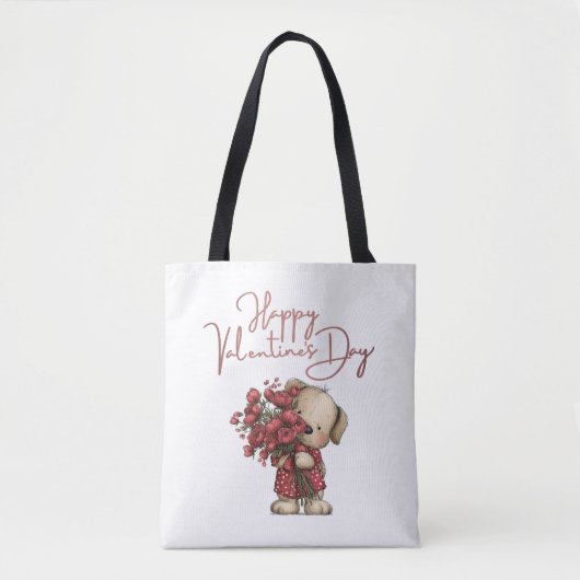 Cute Puppy Happy Valentine's Day Rose Bouquet Tote Bag (Voorkant)