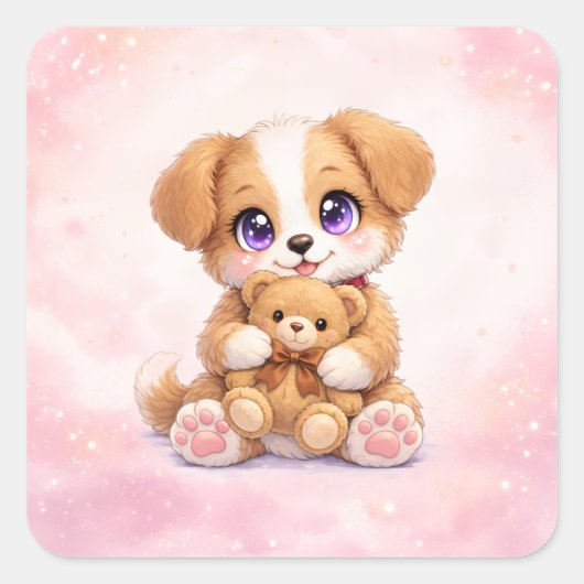 Cute Puppy Hugging Teddy Bear Square Sticker (Voorkant)