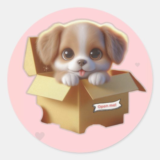 Cute Puppy in a Gift Box Sticker | Kawaii Sticker (Voorkant)