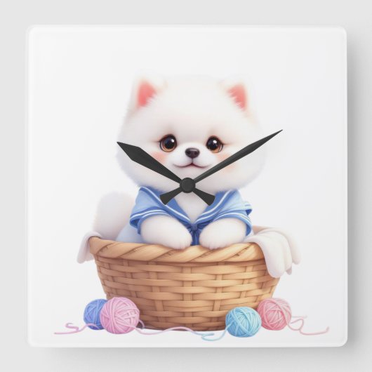 Cute Puppy in Basket Wall Clock Vierkante Klok (Voorkant)