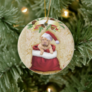 Cute Puppy in een tas met kerstspeelgoed Keramisch Ornament
