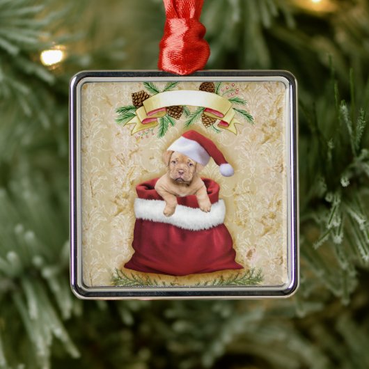Cute Puppy in een tas met kerstspeelgoed Metalen Ornament (Boom)