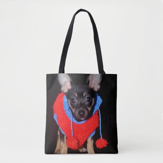 Cute Puppy in Red Wool Sweater Tote Bag (Voorkant)