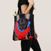Cute Puppy in Red Wool Sweater Tote Bag (Dichtbij)