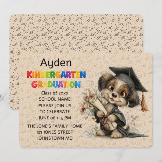 Cute Puppy Kindergarten Graduation Invitation Kaart (Voorkant / Achterkant)