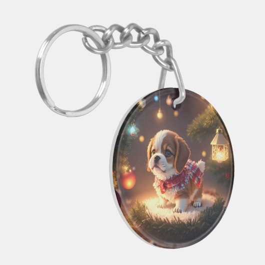 Cute Puppy Merry Kerstmis Sleutelhanger (Voorkant Links)