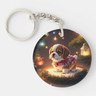 Cute Puppy Merry Kerstmis Sleutelhanger