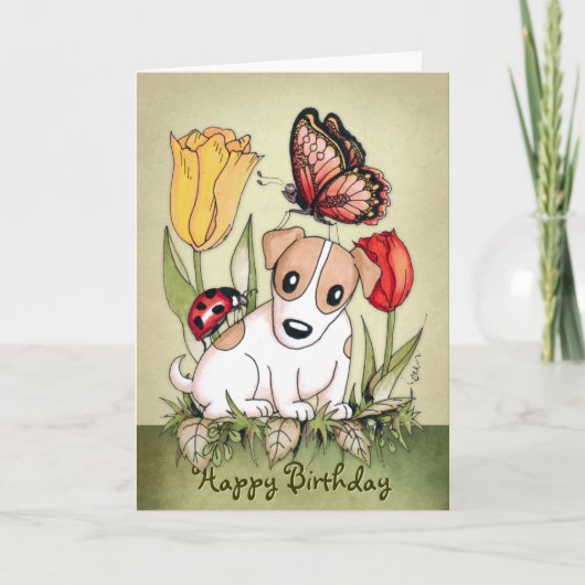 Cute Puppy met Butterfly en Ladybug Birthday Kaart (Voorkant)