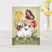 Cute Puppy met Butterfly en Ladybug Birthday Kaart (Gele Bloem)