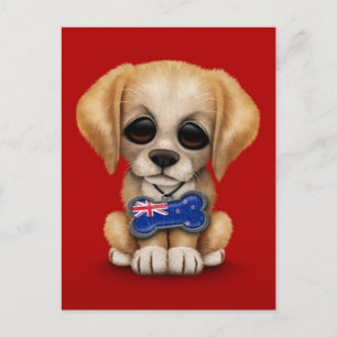 Cute Puppy met Nieuw-Zeelands Vlag Label, rood Briefkaart