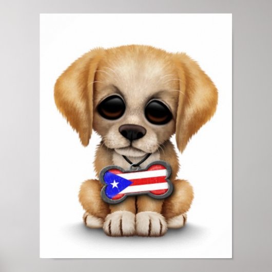 Cute Puppy met Puerto Rican Flag Dog Label, White Poster (Voorkant)