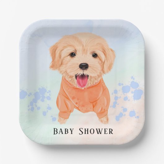 Cute Puppy met Waterverf Splash Boy Baby shower Papieren Bordje (Voorkant)