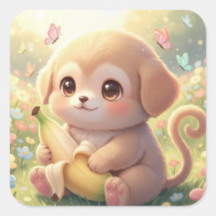 Cute Puppy Monkey Hybride – Zonnige Weide Fantasie Vierkante Sticker