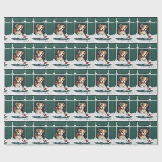 Cute Puppy op Kerstdag op raam Cadeaupapier (Vlak)