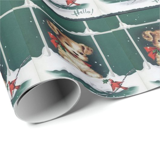 Cute Puppy op Kerstdag op raam Cadeaupapier (Rol Hoek)