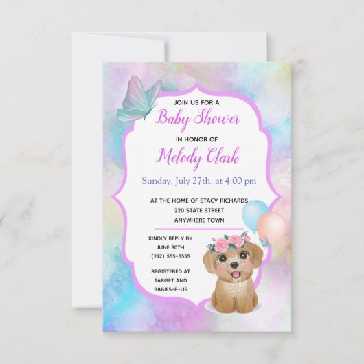 Cute Puppy Pastel Waterverf Baby shower Uitnodigen Kaart (Voorkant)